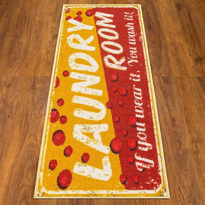 Machine Washable Bubbles Design Laundry Room Rug Non-Slip Rubberback 2x5 Laundry Runner Rug for Laundry Room, Bathroom, Washroom, 20" x 59", Red/Yellow