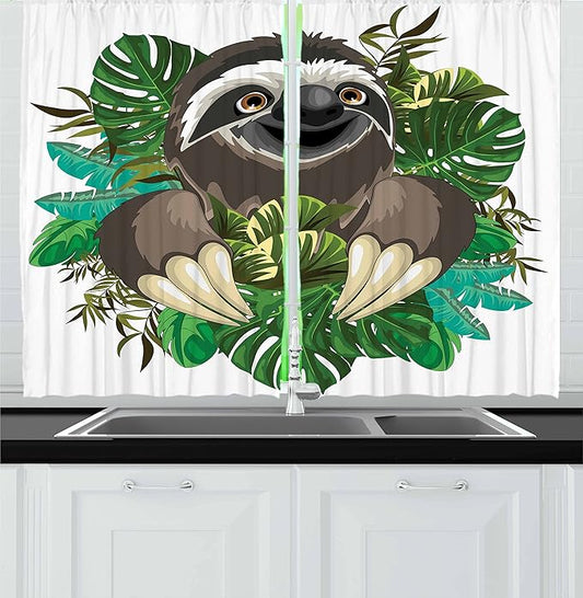 Ambesonne Sloth Kitchen Curtains, Cartoon Mammal on Tropical Jungle with Green Banana Leaves Character, Window Drapes 2 Panel Set for Kitchen Cafe Decor, 55" x 24", Chocolate Ivory