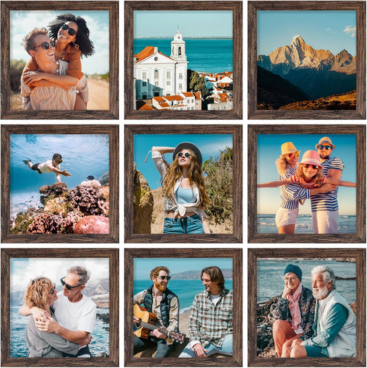 Vittanly 8x8 Picture Frames Set of 9, Shatter Resistant Plexiglass, Display 4x4 Pictures with Mat or 8x8 without Mat, Photo Frames for Wall Mount, Engineered Wood, Brown