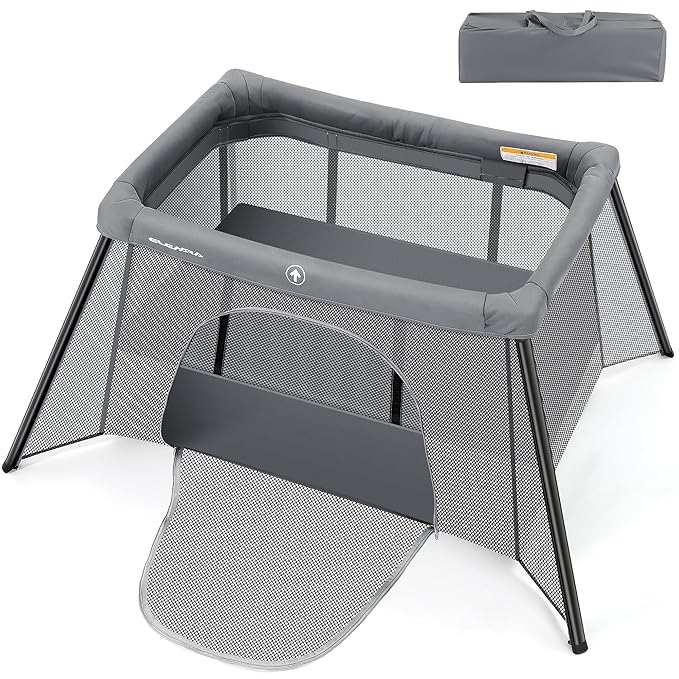 ELEMARA Big Travel Crib for Baby,Portable Crib with Comfortable Mattress,Lightweight Foldable Playpen with Long-Lasting Frame, Indoor & Outdoor Use Playard, Pack and Play for Toddlers（Light Grey）