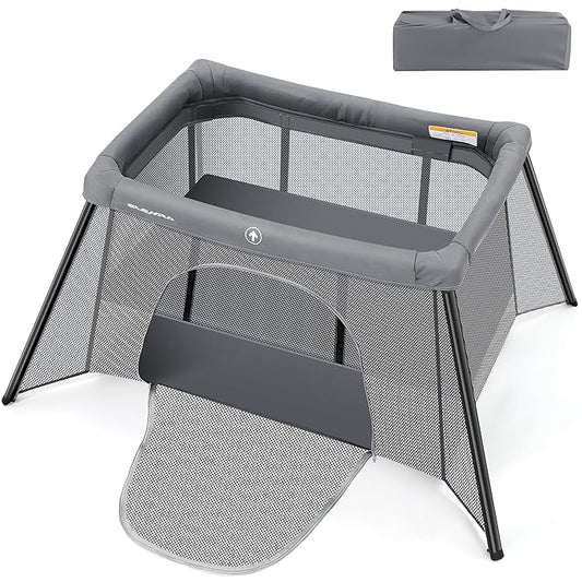 ELEMARA Big Travel Crib for Baby,Portable Crib with Comfortable Mattress,Lightweight Foldable Playpen with Long-Lasting Frame, Indoor & Outdoor Use Playard, Pack and Play for Toddlers（Light Grey）