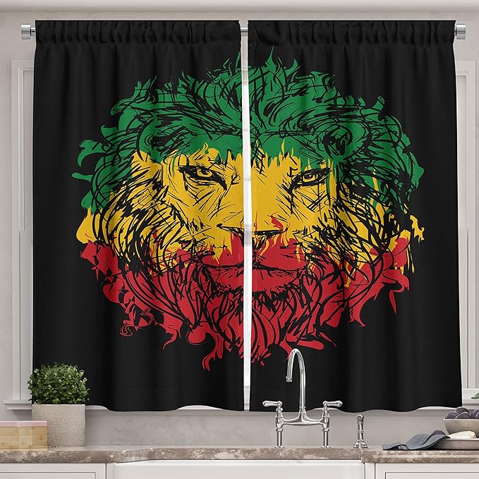 Ambesonne Rasta Kitchen Curtains, Ethiopian Flag Colors on Grunge Sketchy Lion Head with Black Backdrop, Window Drapes 2 Panel Set for Kitchen Cafe Decor, 55" x 39", Pale Lime Green