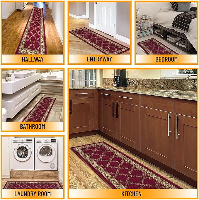 Machine Washable Trellis Design Non-Slip Rubberback 2x5 Modern Runner Rug for Hallway, Kitchen, Living Room, Bedroom, Entryway, 20" x 59", Red Trellis