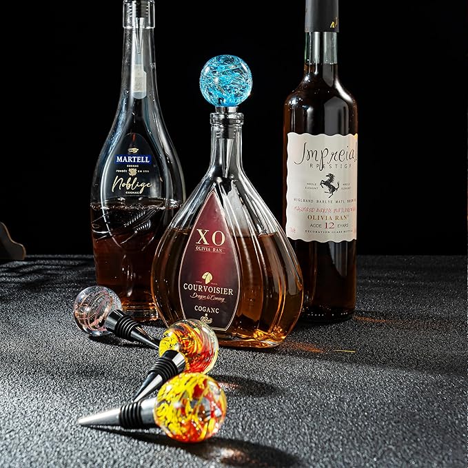 Murano Glass Wine Bottle Stopper Blue Yellow Blown Glass Art Deco Ball, Reusable Wine Stoppers for Beverage Bottle Stoppers Decorative Wine Saver for Gifts, Bar, Holiday Party, Wedding, Pack of 2