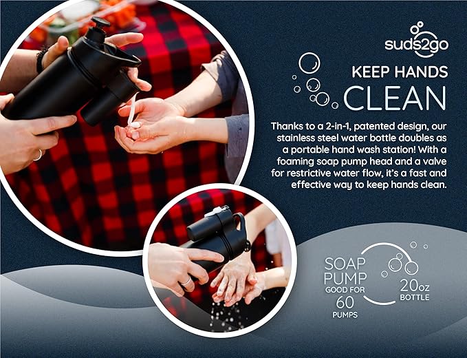 Portable Stainless Steel Water Bottle and Hand Wash System (20oz) - Double Walled and Vacuum Sealed with Leakproof Lid- Lightweight Design for Camping, Sports and Travel