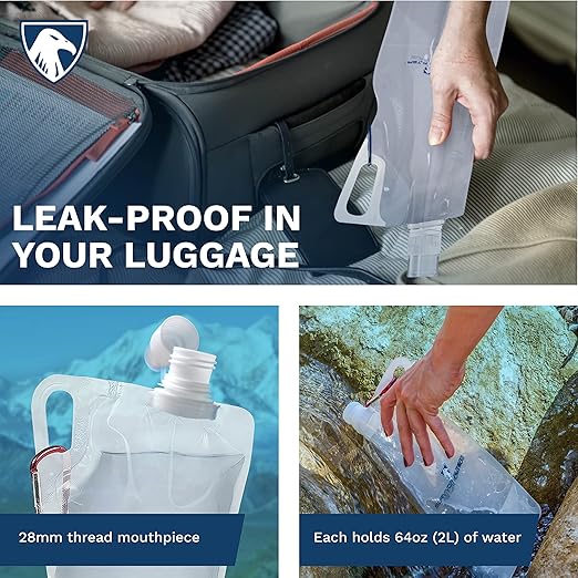 Survivor Filter 2L Clear Collapsible Water Bottles - Travel, Hiking, Foldable, BPA-Free - 2 x 67oz