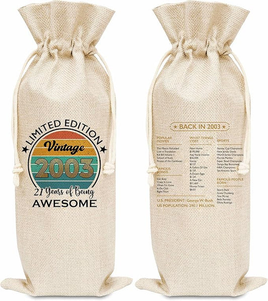 Disfuco 21st Birthday Wine Gift Bag, 2003 Birthday Gift Wine Bag, Burlap Wine Bottle Cover Bag For Women Men, Friends, Daughter, Son, Newphew, Niece, 1 Pc (B01)