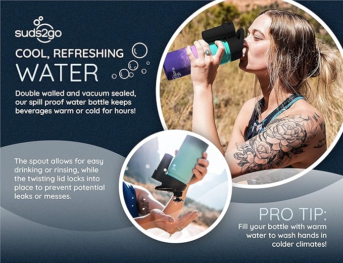 Portable Stainless Steel Water Bottle and Hand Wash System (20oz) - Double Walled and Vacuum Sealed with Leakproof Lid- Lightweight Design for Camping, Sports and Travel