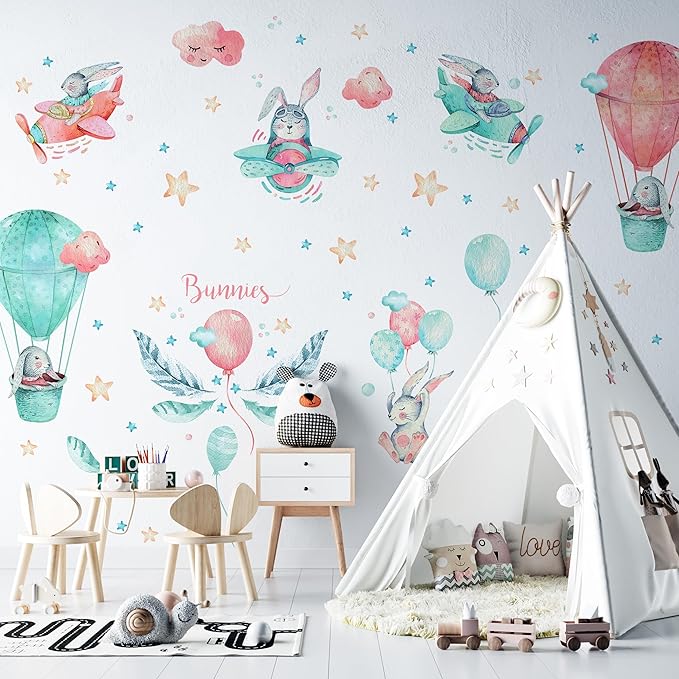 Bunny Wall Decals for Kids by Lipastick - Rabbits Wall Stickers Peel and Stick - Hot Air Balloon Wall Decals for Girls Boys Kids Baby Nursery Room Bedroom - Bunies Wall Decor Aircraft S Size