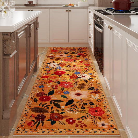 Runner Rug for Hallways Kitchen Rug Non Slip 2'6''x8' Washable Runner Rugs with Rubber Backing Soft Floral Carpet Runner for Hallways, Kitchen, Laundry, Bedroom, Bathroom(Yellow)