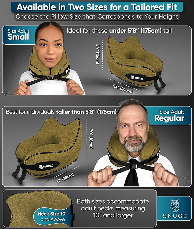 SNUGL Neck Travel Pillow - Memory Foam Airplane Pillow - Flight Pillow | Neck Support Travel Pillow with Carry Bag & Clip | Neck Pillows for Sleeping Travel Plane | Flying Travel Essentials - D.Yellow