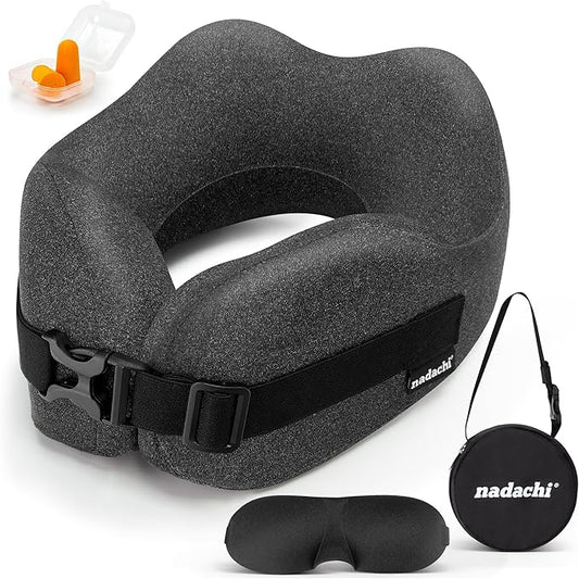 Neck Pillow Airplane Travel Set - Pure Memory Foam Travel Neck Pillow, Plane Pillow for Long Flights Essentials, Sleeping Travel with 3D Contoured Eye Mask, Earplugs, Portable Bag (Gray)