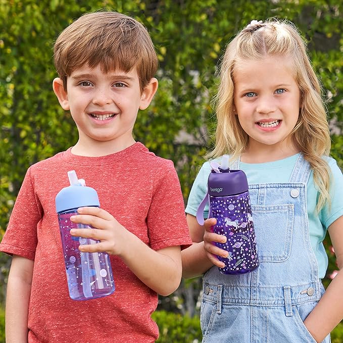 Bentgo Kids Water Bottle 2-Pack - Leak-Proof, Durable Tritan™, BPA-Free 15 oz Cup for Kids/Toddlers 3+; Flip-Up Straw; Dishwasher Safe for School/Sports/Daycare/Camp (Unicorn/Lavender Galaxy)