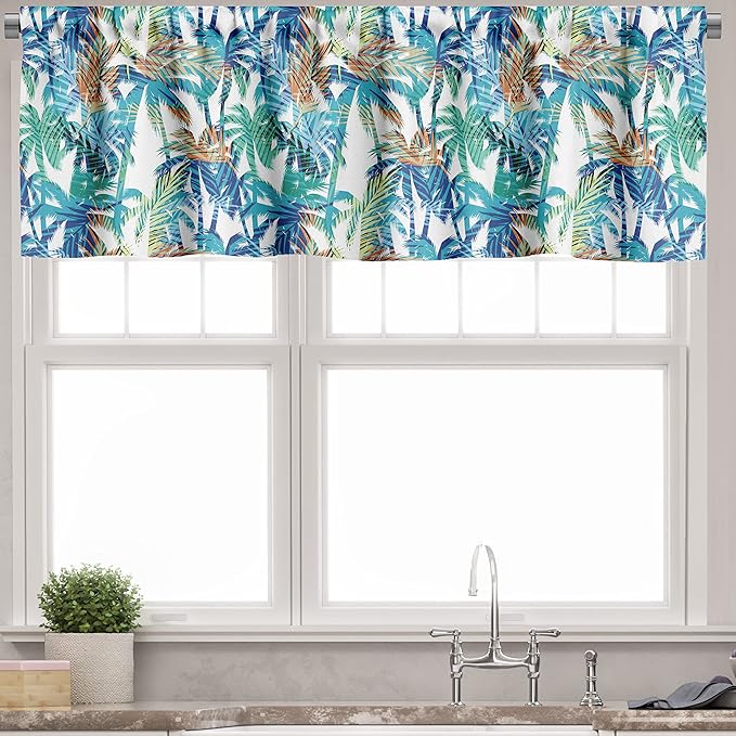 Ambesonne Palm Leaf Valance & Tier Curtain 3 pcs Set, Tropical Summer Print with Palm Abstract Nature Pattern Fantasy Dream, Window Treatments for Kitchen Room Decor, 55" x 30", Blue Mint Green Orange