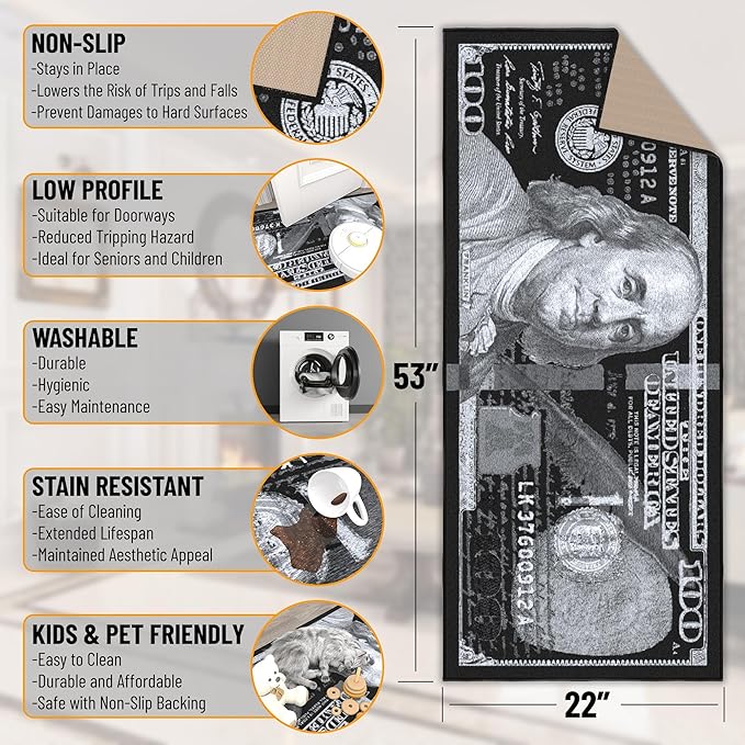 Machine Washable $100 Bill Design Non-Slip Rubberback 22x53 Modern Runner Rug for Hallway, Kitchen, Bedroom, 22" x 53", Black