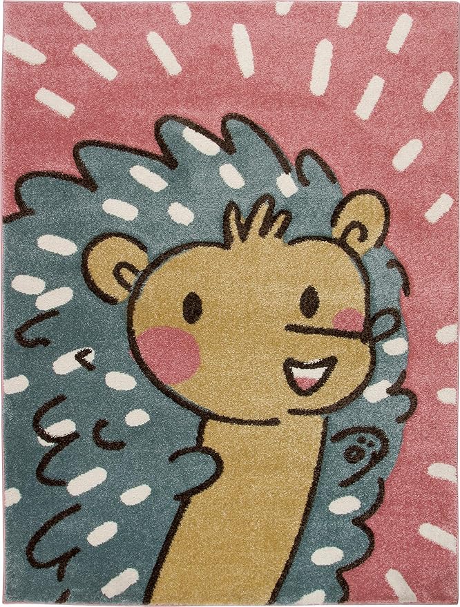 KC Cubs Boy & Girl Modern Decor Multicolor Area Rug and Carpet Collection for Kids, Toddlers and Baby Nursery, Animal Face Pink Huggable Hedgehog