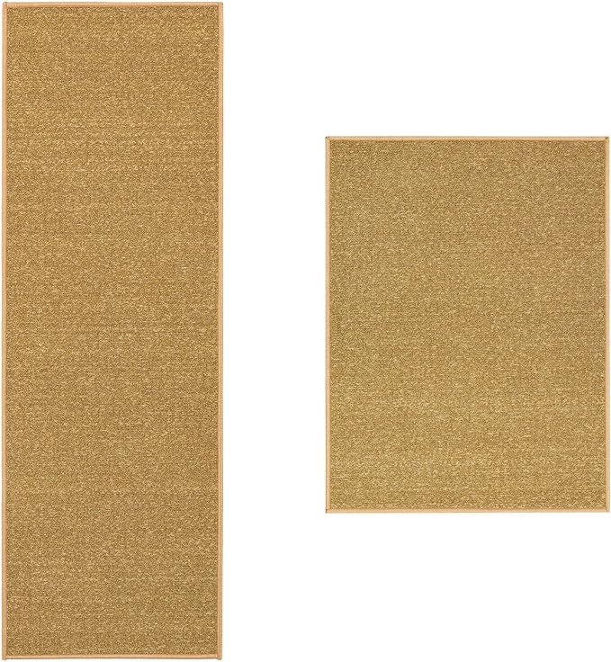 Machine Washable Modern Solid Design Non-Slip Rubberback 2x5/2x3 2PCS Set Traditional Runner Rug/Area Rug for Hallway, Kitchen, Entryway, Bathroom, 2 Piece Set - 20" x 59" / 2'3" x 3', Beige