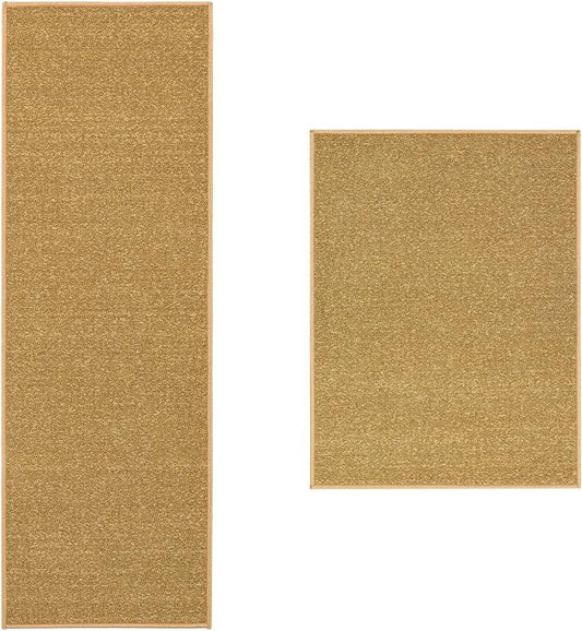 Machine Washable Modern Solid Design Non-Slip Rubberback 2x5/2x3 2PCS Set Traditional Runner Rug/Area Rug for Hallway, Kitchen, Entryway, Bathroom, 2 Piece Set - 20" x 59" / 2'3" x 3', Beige