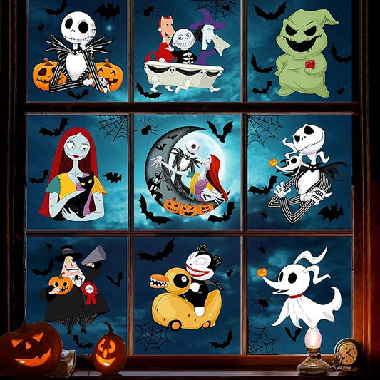 Halloween Window Clings 9 Styles, Nightmare Christmas Window Decorations Removable Stickers, Bats Spider Cartoon Window Decals 8 Sheets for Spooky Halloween Party Home Decor