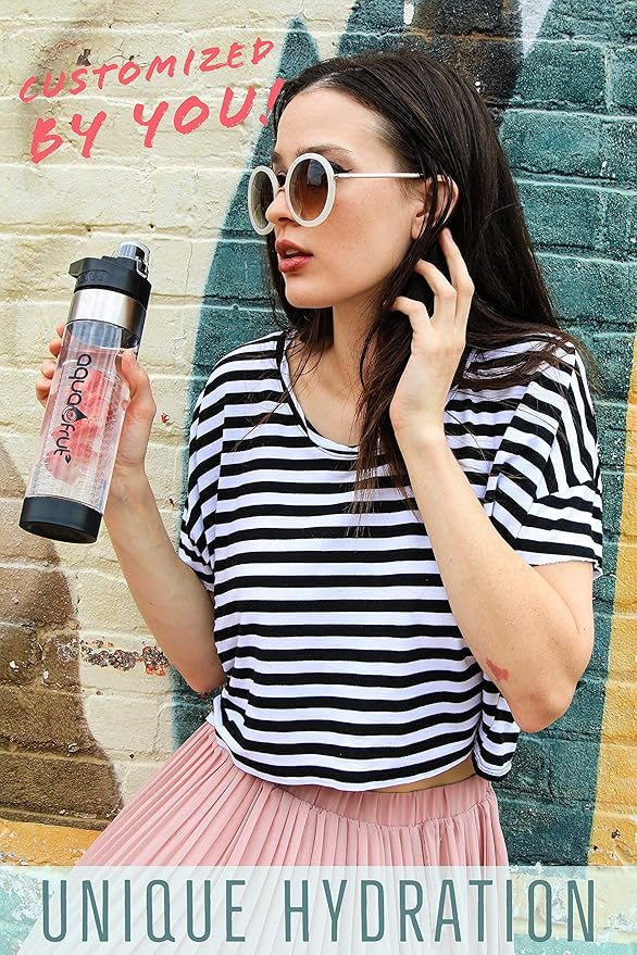 NEW AquaFrut Bottom Loading Fruit Infuser Water Bottle - BPA Free Tritan Plastic - Leak Proof - 24 OZ - Infusion Recipe eBook (Black)