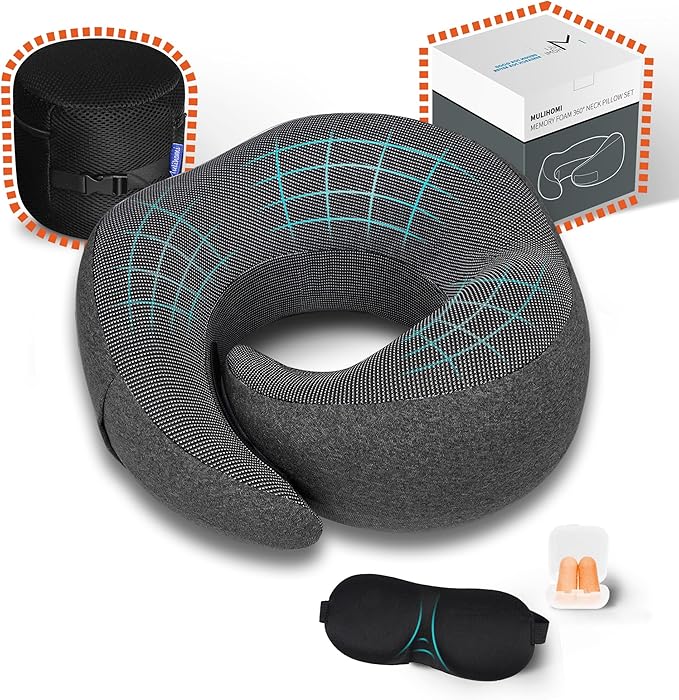 MULIHOMI™ New Packaging Updated Travel Pillow for Airplane with 100% Memory Foam, 360° Adjustable Full Surrounding Flying Neck Pillows, Travel Pillow Set with 3D Eye Masks, Earplugs (Black)