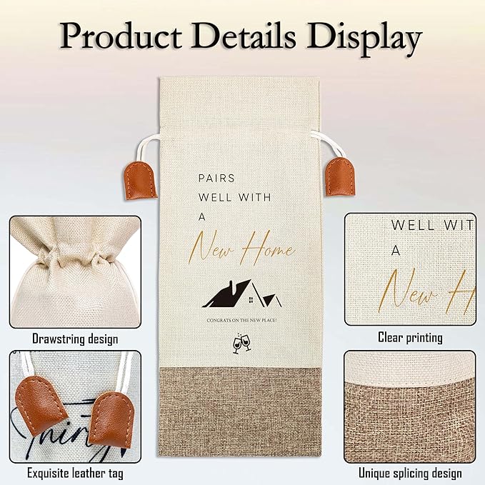 Housewarming Gifts Wine Bag, First New Home House Homeowner Gift, Cotton Linen Wine Gift Bag With Drawstring, Client Gift From Realtors, Sweet Home Congrats Gift for Men Women Wife Husband