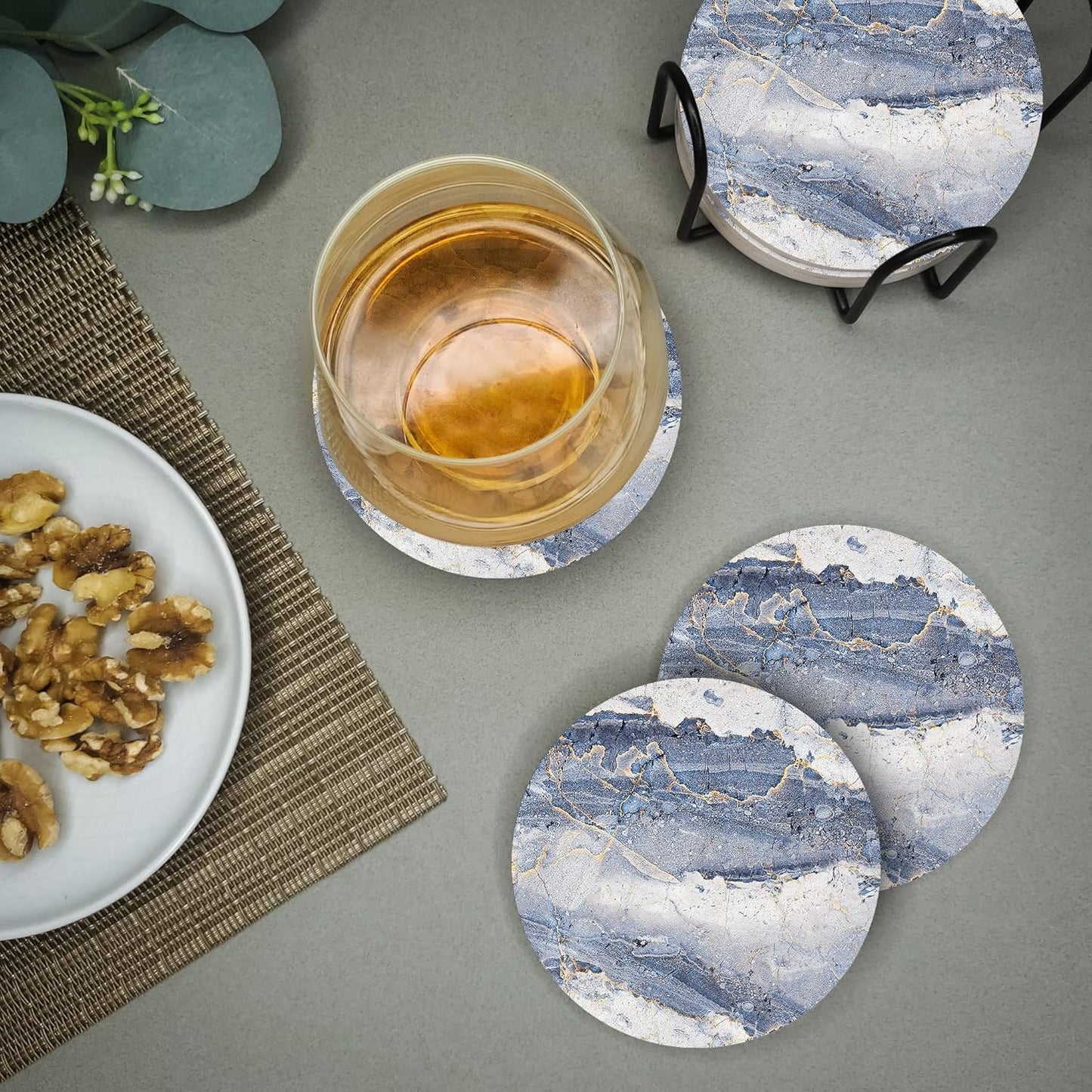 Emerson Essentials Coasters for Drinks Absorbent with Holder, Set of 6, Cork Bottom Ceramic Stone Marble Style for Wooden Coffee Bar Tables, Glass Tabletop Non Slip, Natural Stone