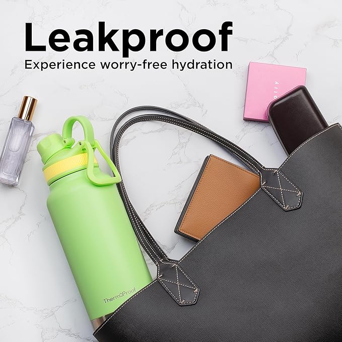 ThermoProof Double-Walled Vacuum Insulated Stainless Steel Water Bottle - Wide Mouth Canteen with Spout & Straw Lids, Dishwasher Safe, Reusable, Leakproof, BPA-Free - 32oz, Fresh Mint