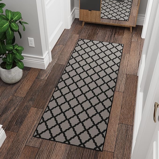Machine Washable Moroccan Trellis Design Non-Slip Rubberback 2x6 Traditional Indoor Runner Rug for Hallway, Kitchen, Bedroom, 2'2" x 6', Dark Gray