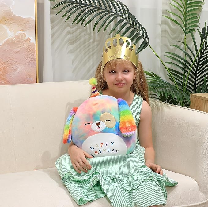 Easfan 12'' Original Rainbow Birthday Dog Plush Pillow Soft Puppy Plush Toy Cute Dog Stuffed Animal Birthday Gifts for Kids Toddlers