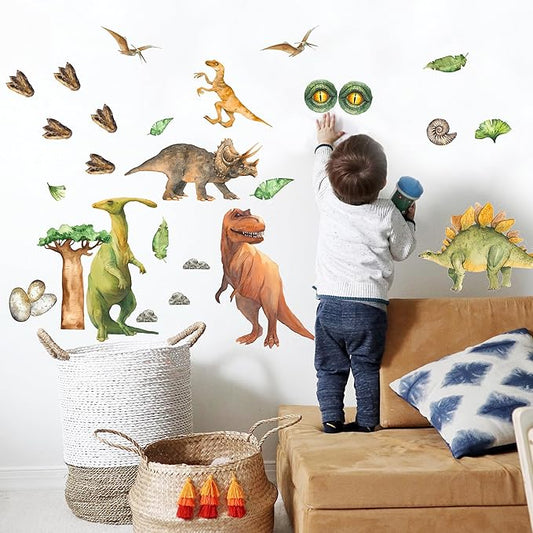 Dinosaur Wall Decals for Kids - Jungle Removable Dinosaur Wall Stickers for Toddler Boys Girls - Safari Peel and Stick Nursery Stickers Children [>25 Dino Wall clings] + Test Sample Included!
