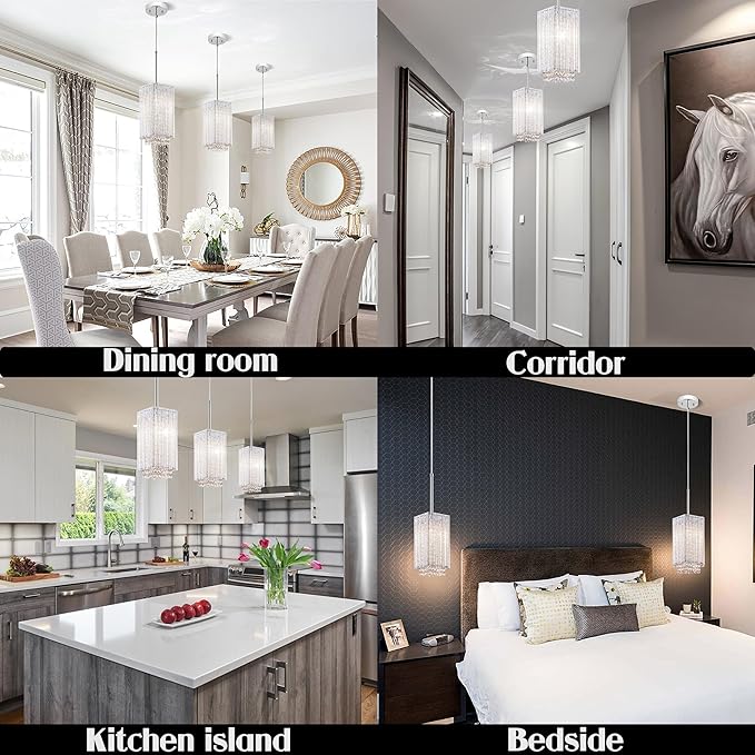 MO&OK 3 Pack Crystal Chandelier Modern Pendent Lights Adjustable Hanging Lighting with Metal Lampshade Rectangle Chandeliers for Kitchen Island Dinningroom,Entrance Living Room H9.8 xD5.2 Chrome