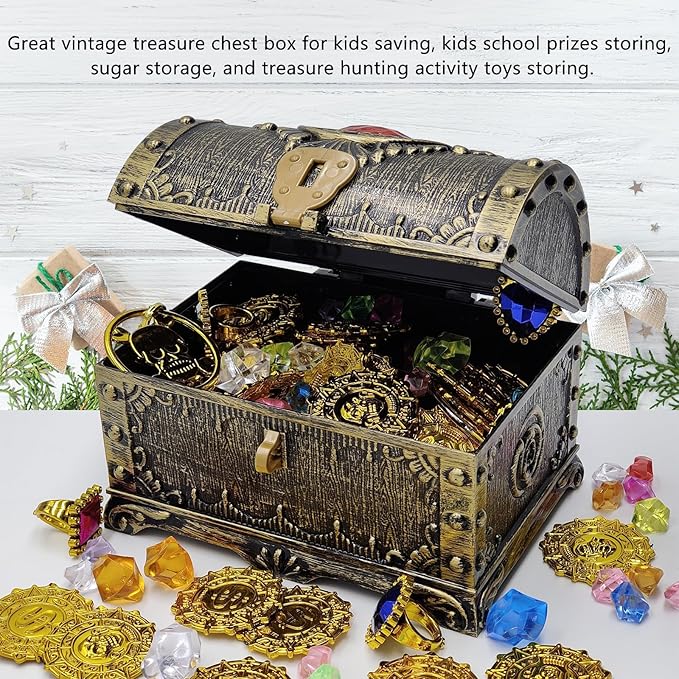 Kids Pirate Treasure Chest Storage Box,Red Rhinestone Inlaid Top Decorative Pirate Chest with Lock and Key for Kids Birthday,Halloween, Christmas Pirate Party Favors