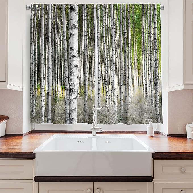 Ambesonne Birch Tree Kitchen Curtains, Peaceful Late Summer Woodland Trunks Leaves Foliage Serene Tranquil, Window Drapes 2 Panel Set for Kitchen Cafe Decor, 55" x 39", Grey Green