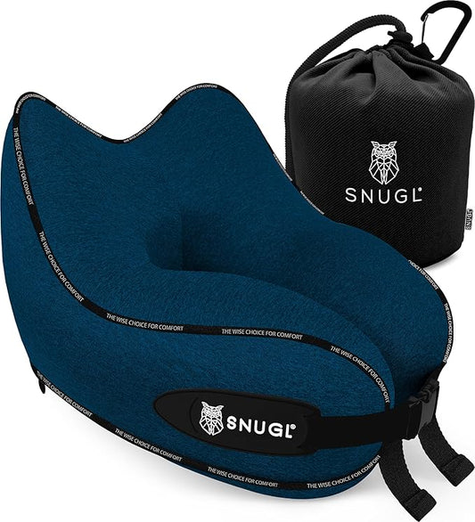 SNUGL Neck Travel Pillow - Memory Foam Airplane Pillow - Flight Pillow | Neck Support Travel Pillow with Carry Bag & Clip | Neck Pillows for Sleeping Travel Plane | Flying Travel Essentials - Navy