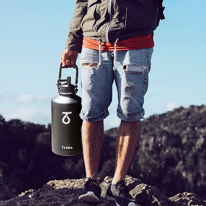 Trebo One Gallon Water Bottle Insulated with Paracord Handle,128oz Food-grade Double Wall Vacuum Stainless Steel Insulated Jug with Straw Spout Handle Lids, Leakproof Keep Cold & Hot,Black