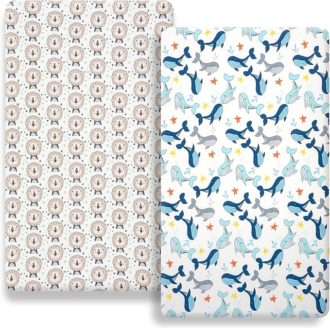 Pack n Play Fitted Sheet. 2 Piece Mini Crib Sheet. Elastic Playard Sheet. Portable Sheet Set. Elastic Convertible Playard Set. Compatible with Graco Pack n Play (Whale and Lion)