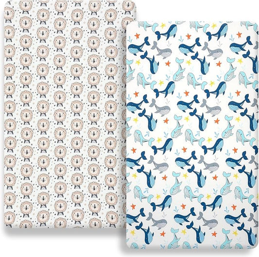 Pack n Play Fitted Sheet. 2 Piece Mini Crib Sheet. Elastic Playard Sheet. Portable Sheet Set. Elastic Convertible Playard Set. Compatible with Graco Pack n Play (Whale and Lion)