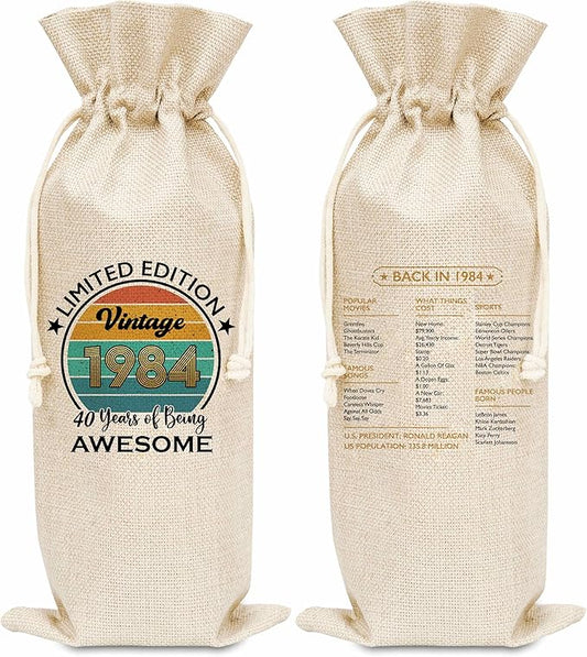 Disfuco 40th Birthday Wine Gift Bag, 1984 Birthday Gift Wine Bag, Burlap Wine Bottle Cover Bag For Women Men, Friends, Daughter, Son, Newphew, Niece, 1 Pc (B03)