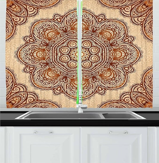 Ambesonne Ethnic Kitchen Curtains, Mehndi Style Floral Flower with Abstract Paisley Backdrop Art Print, Window Drapes 2 Panel Set for Kitchen Cafe Decor, 55" x 24", Dark Brown
