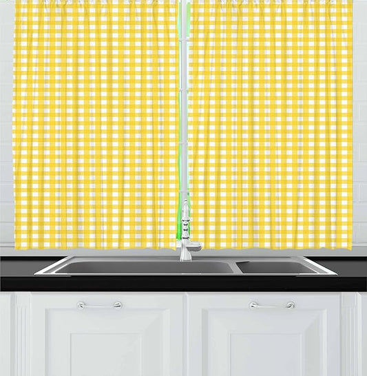 Ambesonne Checkered Kitchen Curtains, Classic English Pattern in Yellow Picnic in Summertime Theme Retro Striped, Window Drapes 2 Panel Set for Kitchen Cafe Decor, 55" x 30", Yellow White