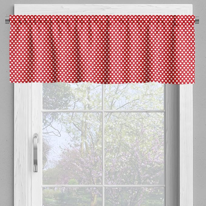 Ambesonne Retro Valance & Tier Curtain 3 pcs Set, 50s 60s Iconic Pop Art Style Big White Polka Dots Picnic Vintage Old Theme Image, Window Treatments for Kitchen Room Decor, 55" x 24", Vermilion White