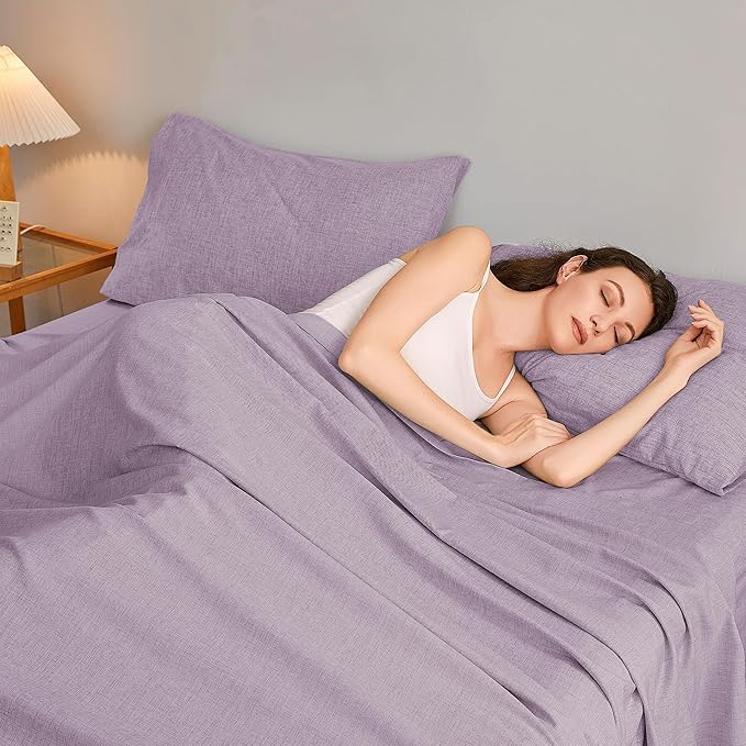 Full Sheets Purple, Ultral Soft Cationic Linen Look Sheets, Luxury Cooling Cozy Bed Sheet Set with Non-Slip Fitted Sheet