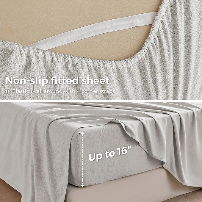 Twin Sheets Light Grey, Ultral Soft Cationic Linen Look Sheets, Luxury Cooling Cozy Bed Sheet Set with Non-Slip Fitted Sheet