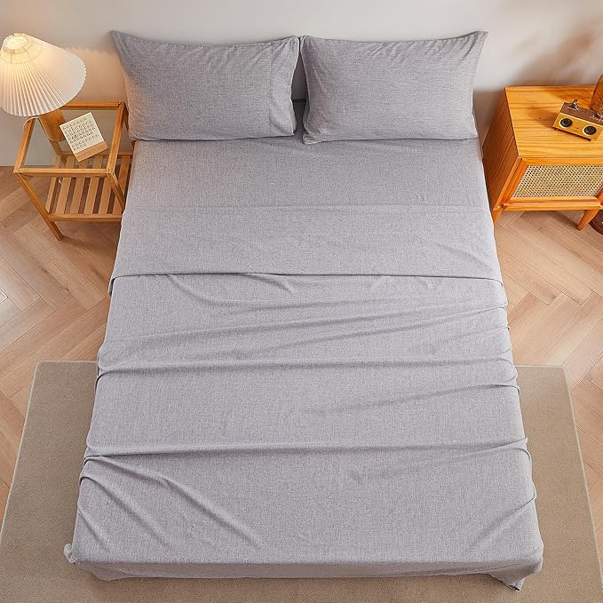 Twin Sheets Dark Grey, Ultral Soft Cationic Linen Look Sheets, Luxury Cooling Cozy Bed Sheet Set with Non-Slip Fitted Sheet