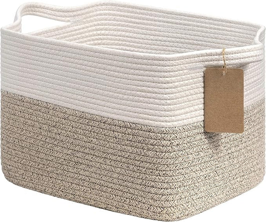 Goodpick Woven Storage Basket for Shelves, Cotton Rope Dog Toy Bin, Empty Gift Basket with Handles, Square Baskets for Storage, Brown and White Storage Bin, 13 x 10 x 9 Inches