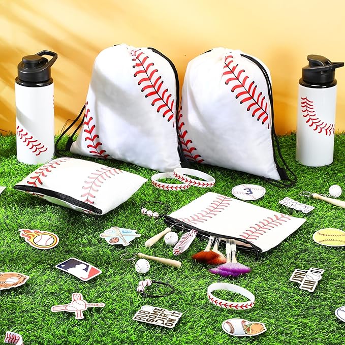 Layhit 134 Pcs Party Favors Set Include Cosmetic Bag Drawstring Backpack Hair Ties Charm Bracelets Silicon Bracelets Water Bottles Keychains Stickers for Sport Team Gifts (White,Baseball)