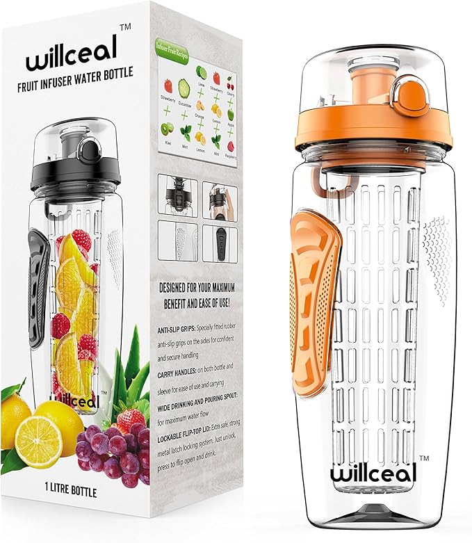 Fruit Infuser Water Bottle 32oz- Durable, Large - BPA Free Tritan, Flip Lid, Leak Proof Design - Sports, Camping