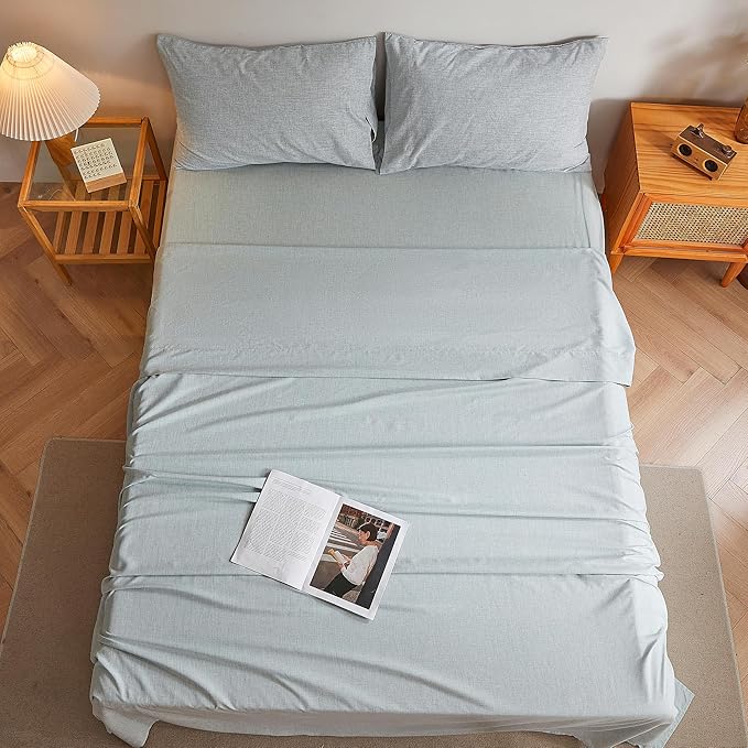 Full Sheets Blue, Ultral Soft Cationic Linen Look Sheets, Luxury Cooling Cozy Bed Sheet Set with Non-Slip Fitted Sheet