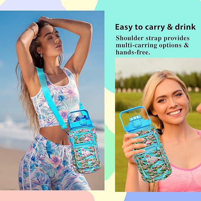 64 oz Water Bottle with Straw Sleeve & Strap Motivational Half Gallon Water Jug with Handle for Gym Women Men Aesthetic Water Bottle with Strap Flamingo